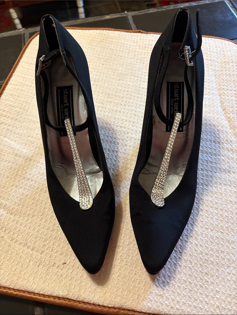 Stuart Weitzman Black Satin T-Bar Crystal Pointed Heels No Stones Missing.